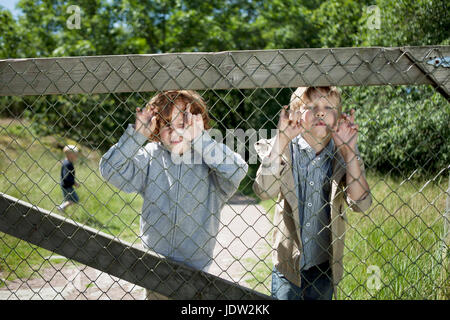 Children peering through chain fence Stock Photo