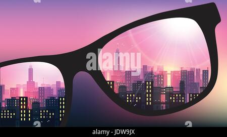 Urban City Nightscaped with Glasses on Blurred Background - Vector Illustration Stock Vector