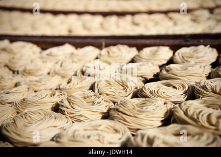 Asian Noodles hand made egg noodles drying in the midday sun. One of Asia's staple foods, dried noodles spiraled into beautiful circle shapes in a row Stock Photo