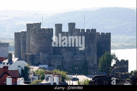 Conwy Castle taken from the town walls. Conwy Castle is a medieval fortification in Conwy, on the north coast of Wales. It was built by Edward I. Stock Photo