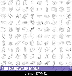 100 hardware icons set, outline style Stock Vector