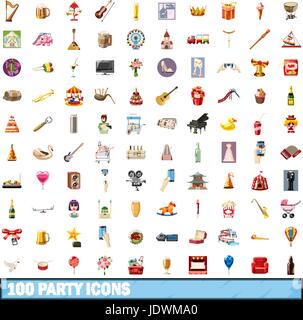 100 party icons set, cartoon style Stock Vector