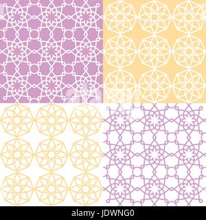 Geometric seamless pattern, Arabic ornament style, tiled design in purple and yellow Stock Vector