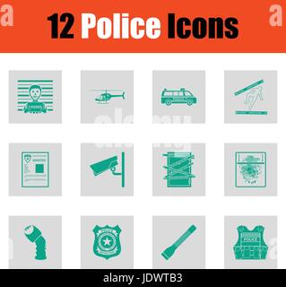 Set of police icons. Green on gray design. Vector illustration. Stock Vector