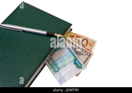 On the diary is a fountain pen. Between the pages of the diary you can see parts of $ 50, 50 euros and 1000 Russian rubles