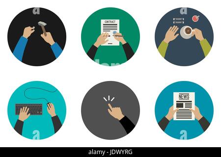 Flat icons with working hands Stock Vector