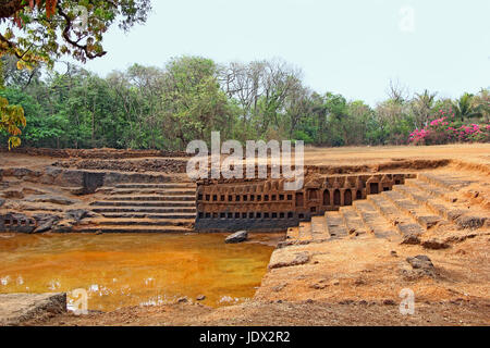 Restored pond with carved niches of 15 th century Sri Saptakoteshwar Temple built by Kadamba Kings in Divar island in Goa, India. Stock Photo