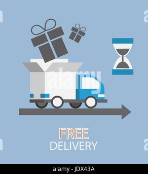Vector free delivery concept in flat style - truck with gift Stock Vector