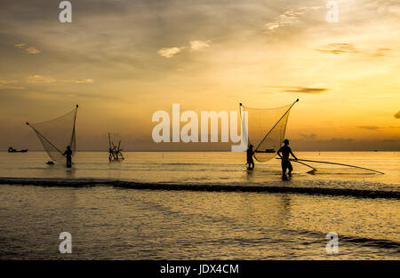 Sea clam digging fishermen golden sunrise Tan Thanh beach Go Cong Tien Giang Viet Nam Stock Photo