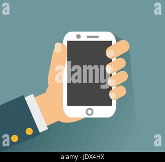 Hand holing white smartphone, touching blank screen. Using mobile smart phone similar to iphon, flat design concept. vector illustration Stock Vector