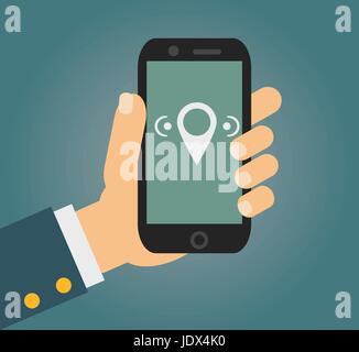 Flat style - male hand holding mobile phone with free wi fi sign on the screen Stock Vector