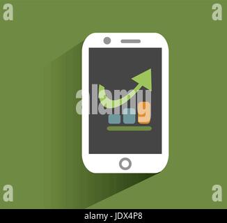 Smart phone with increasing bar chart on the screen. Using smartphone similar to iphone for business, flat design concept.  vector. Stock Vector
