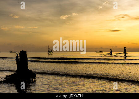 Sea clam digging fishermen golden sunrise Tan Thanh beach Go Cong Tien Giang Viet Nam Stock Photo