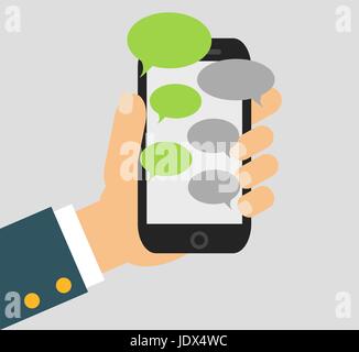 Hand holing black smartphone similar to iphon with blank speech bubbles for text. Text messaging flat design concept. vector illustration Stock Vector