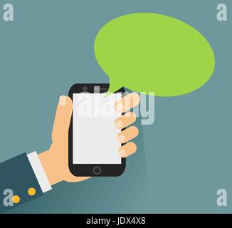 Hand holing smartphone with blank speech bubble for text.  Stock Vector