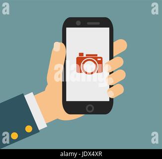 mobile phone with touchscreen - man taking photograph , digital device Stock Vector
