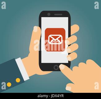 Hand touching smart phone with Email symbol on the screen. Using smartphone similar to iphone, flat design concept. vector. Stock Vector