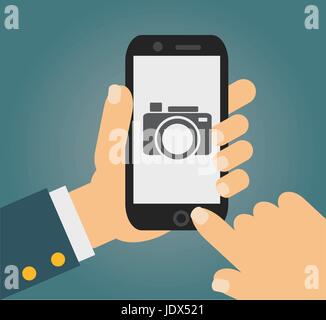 mobile phone with touchscreen - man taking photograph , digital device Stock Vector