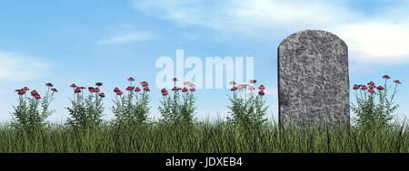 Tombstone and beautiful flowers by day - 3D render Stock Photo