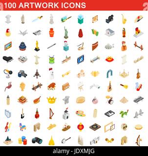 100 artwork icons set in isometric 3d style for any design vector illustration Stock Vector