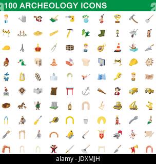 100 archeology icons set in cartoon style for any design vector illustration Stock Vector