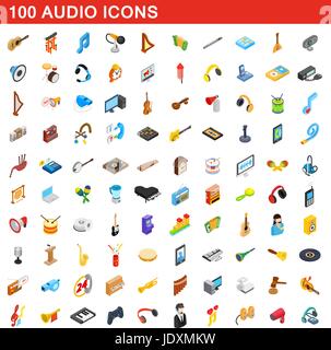 100 audio icons set in isometric 3d style for any design vector illustration Stock Vector