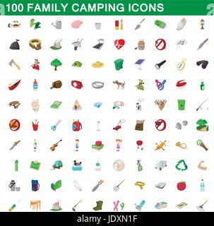 100 family camping icons set in cartoon style for any design vector illustration Stock Vector