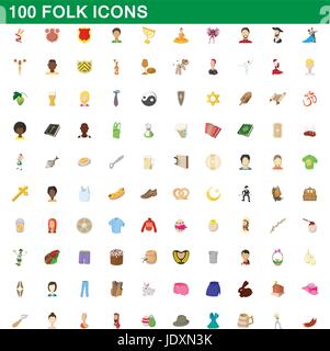 100 folk icons set in cartoon style for any design vector illustration Stock Vector