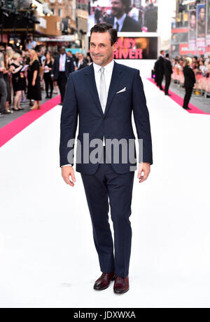 Jon Hamm attending the Baby Driver premiere held at Cineworld in Leicester Square, London. PRESS ASSOCIATION Photo. See PA Story SHOWBIZ Driver. Picture date: Wednesday June 21, 2017. Photo credit should read: Matt Crossick/PA Wire Stock Photo