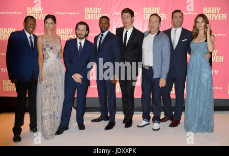 (left to right) CJ Jones, Eiza Gonzalez, Edgar Wright, Jamie Foxx, Ansel Engort, Kevin Spacey, Jon Hamm and Lily James attending the Baby Driver premiere held at Cineworld in Leicester Square, London. Stock Photo