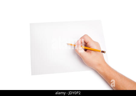 human hand with pencil writting something on white Stock Photo