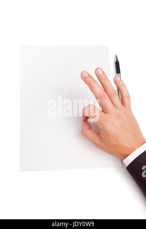 Image of human hand shows OK over white blank paper Stock Photo