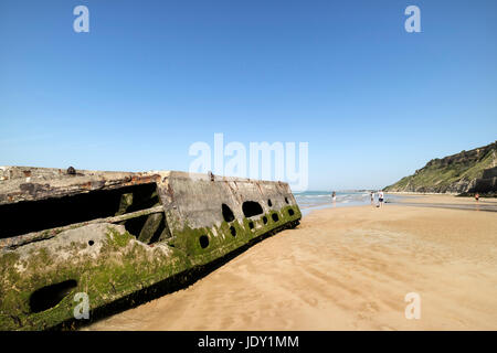 Remains of the Mulberry Harbour on the Beach of Arromanches, Normandy, France Stock Photo