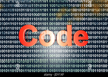 The word Code in front of a binary background. Stock Photo