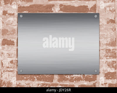 Sheet metal on an old brick wall mockup design material. Metal signboard texture with screws Stock Photo
