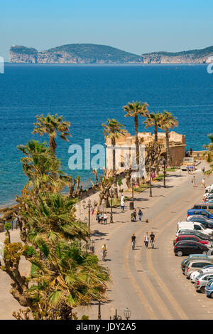 Alghero Sardinia seafront, aerial view of the Bastioni Cristofero Colomb, a promenade along the south side of the old town quarter in Alghero. Stock Photo