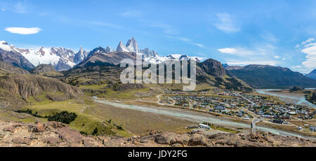 Panoramic aerial view of El Chalten village and Mount Fitz Roy in Patagonia - El Chalten, Argentina Stock Photo