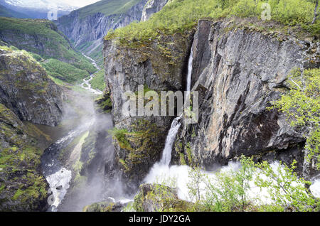 Voringsfossen, the 83rd highest waterfall in Norway on the basis of total fall. It is perhaps the most famous waterfall in the country. Stock Photo