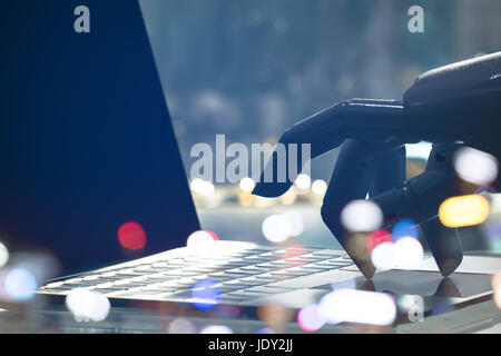Artificial intelligence , chatbot , cyber communication , robot world and robo advisor. Robot finger point to laptop button with bokeh background. Stock Photo