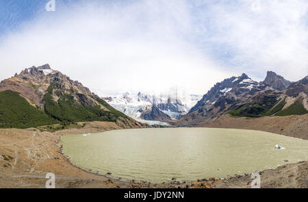 Panoramic view of Cerro Torre and Torre Lagoon in Patagonia - El Chalten, Argentina Stock Photo