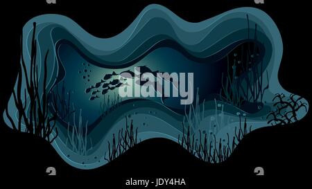 School of fish with ocean background frame paper art style. Ocean  Paper origami Elements.Fish passage Stock Vector