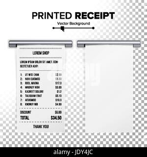 Printed Receipt Vector. Sales Shopping Realistic Paper Bill ATM Mockup. Cafe, Shopping Or Restaurant Paper Financial Check. Realistic Illustration. Tr Stock Vector