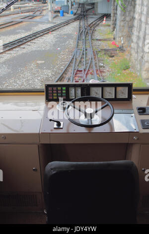 Cabin of driver of train of gear railroad. Montreux, Switzerland Stock Photo