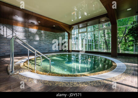 Big luxury jacuzzi thub in hotel spa green area Stock Photo