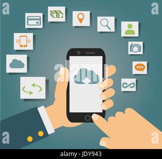 Vector concept of cloud services on mobile phone such as storage, computing, search, photo album, data exchange. With colorful icons or web buttons ar Stock Vector