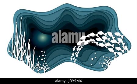 School of fish with ocean background frame paper art style. Ocean  Paper origami Elements.Fish passage Stock Vector