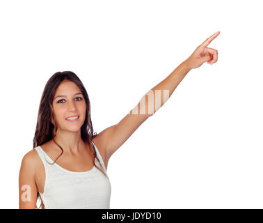 Attractive casual gril pointing something isolated on a white background Stock Photo