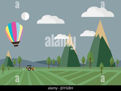 Agriculture and Farm  flat style,  Rural landscape,  Tractor in the field with Balloon, vector illustration. Stock Vector