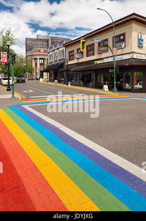 License available at MaximImages.com - Nanaimo city downtown colorful rainbow crosswalk at Bastion and Commercial streets. Vancouver Island, British C Stock Photo