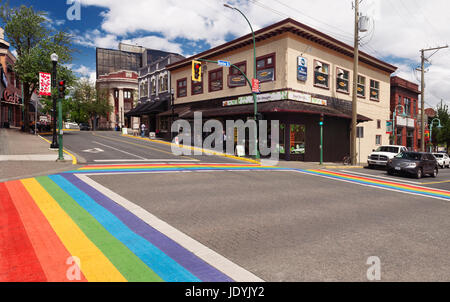 License available at MaximImages.com - Nanaimo city downtown rainbow crosswalk at Bastion and Commercial streets. Vancouver Island, British Columbia, Stock Photo